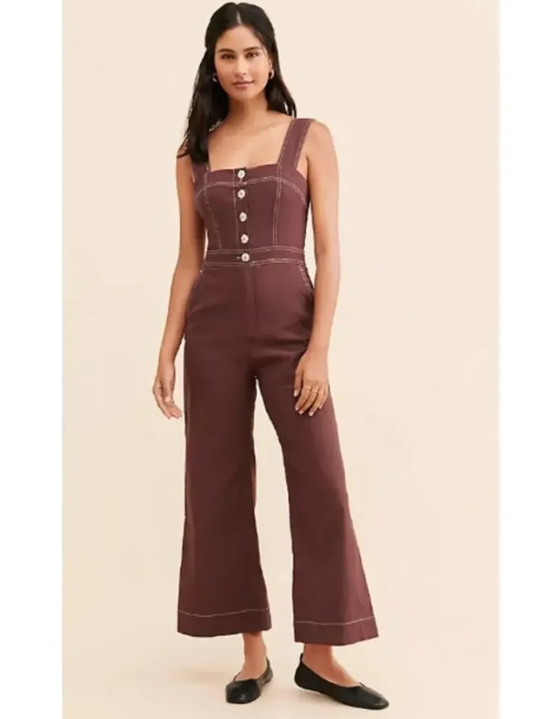Anthropologie Maeve The Colette Portside Button-Front Jumpsuit Brown 10 New Nwt